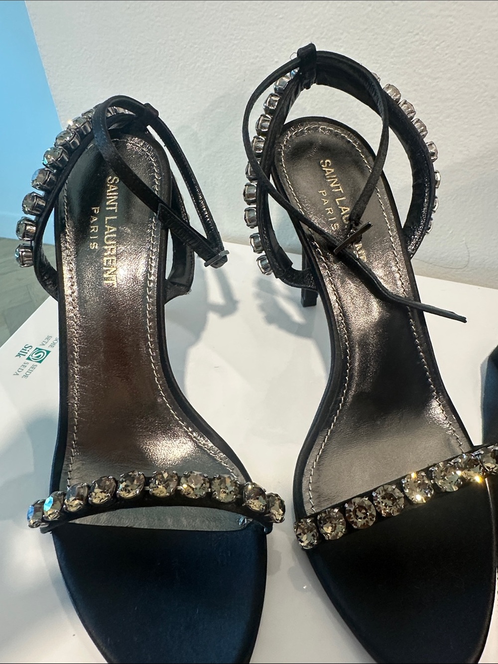 Saint Laurent Black Crystal-Strap Slingback Heels - Picture 3 of 9